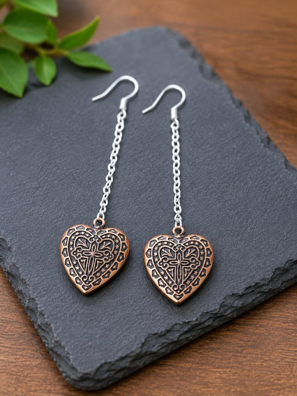 Antique Copper Filigree Heart Drop Earrings - Picture 6 of 6